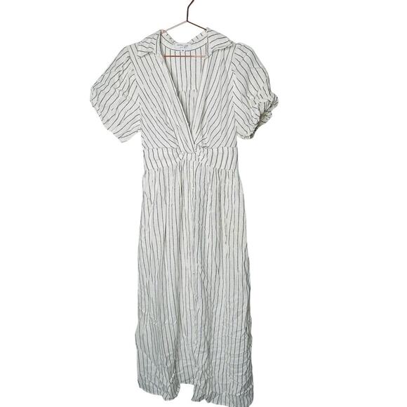 DEREK LAM COLLECTIVE White Stripe Linen Collar Knot Waist Shirt Dress Size 42 - Picture 4 of 15
